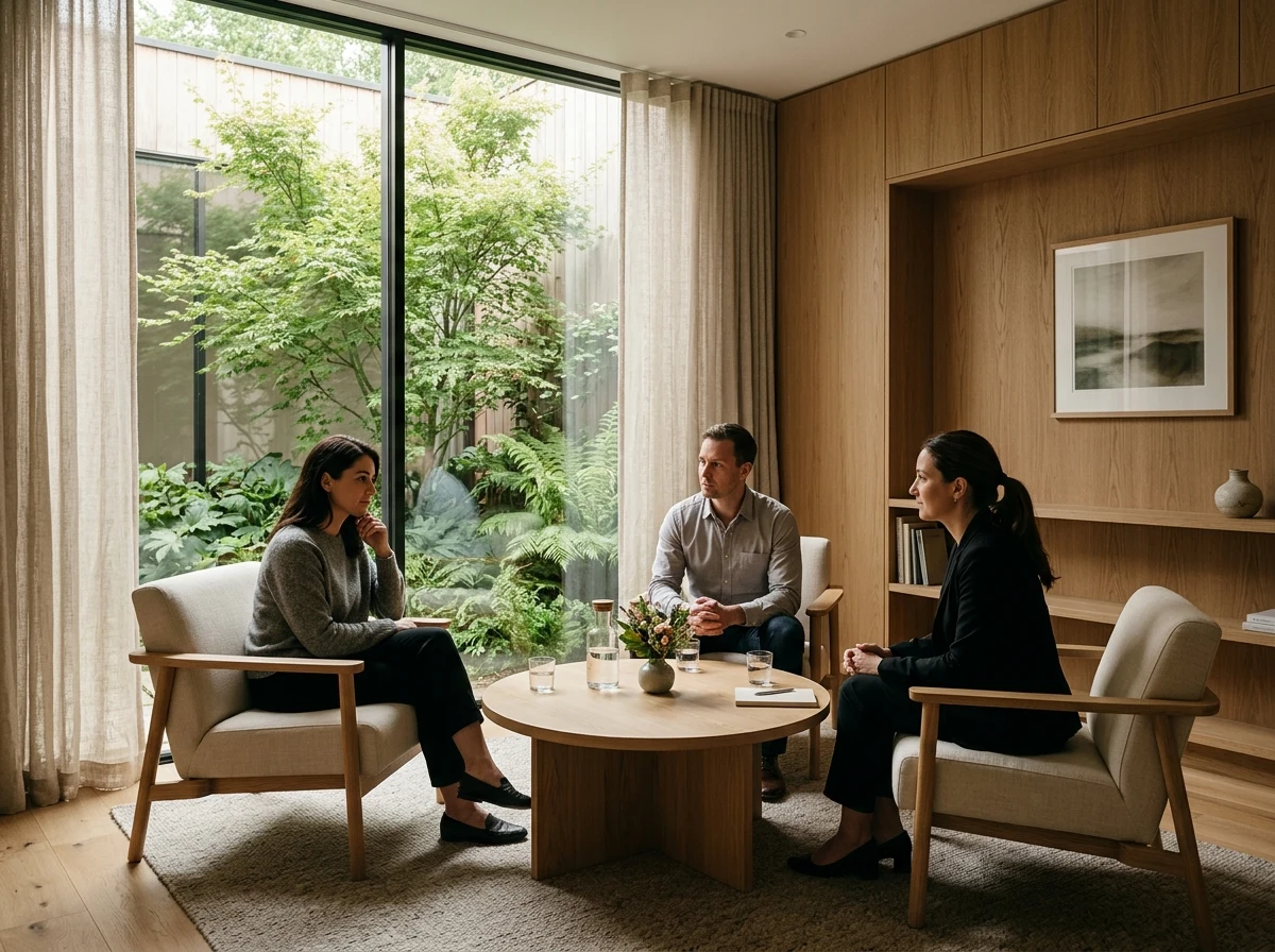 Espacio de mediación privada y acuerdos de derecho familiar con luz natural serena